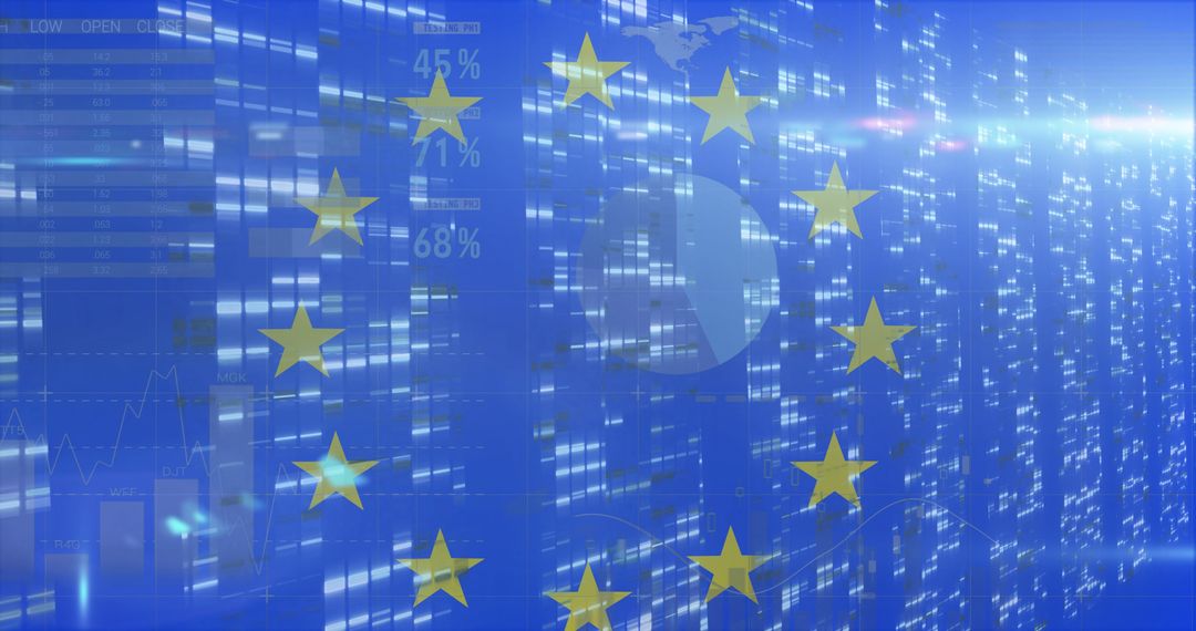 European Union Flag Over Digital Data Graphics Representing Economic Analysis