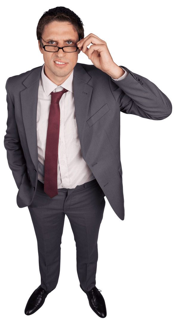 Overhead View of Businessman Adjusting Glasses on Transparent Background