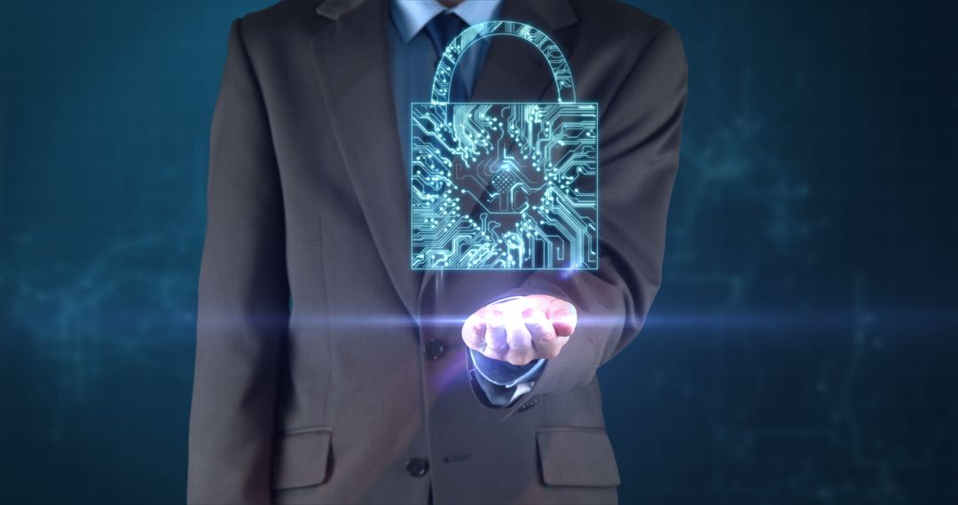 Businessman Holding Tech Lock Hologram for Cybersecurity Concept