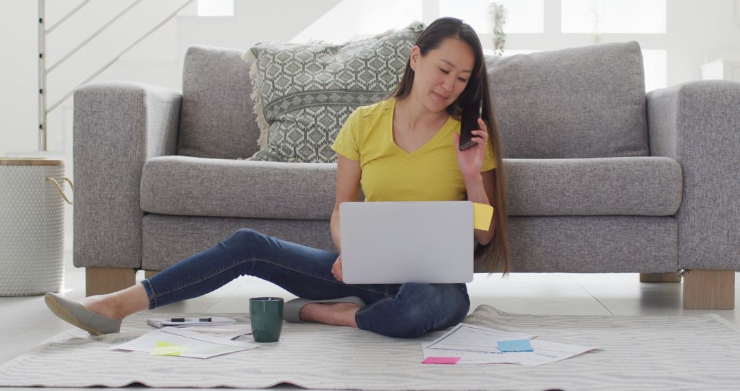 Woman Working from Home on Laptop While Sitting on Floor - Free Images, Stock Photos and Pictures on Pikwizard.com