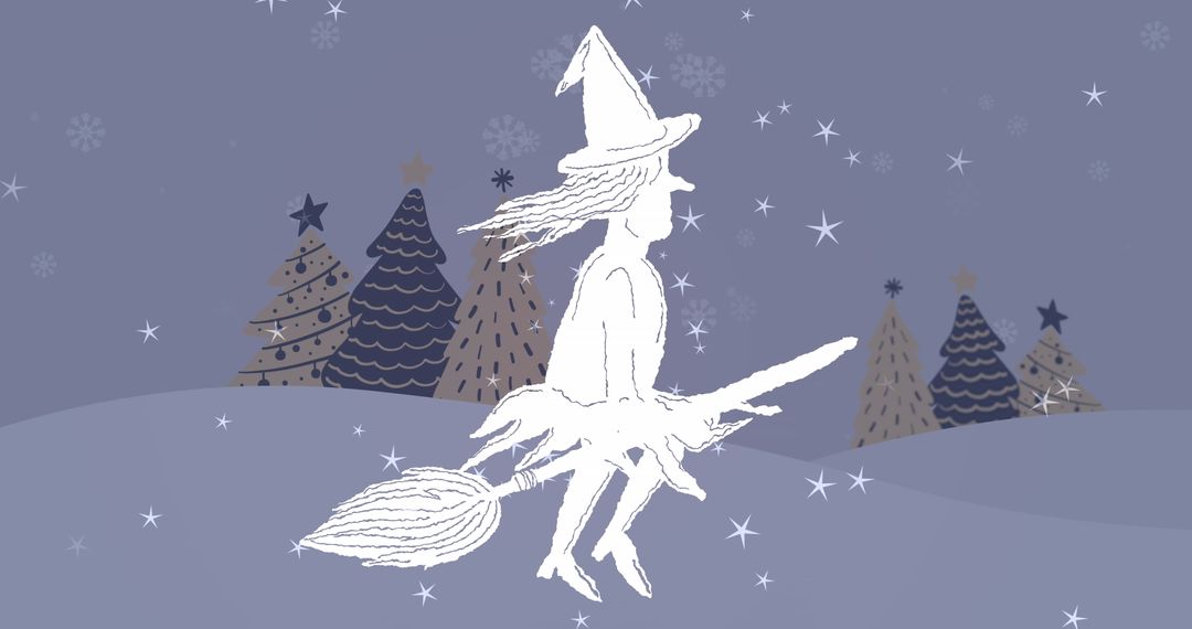 Magical Winter Scene with Witch Flying Over Christmas Trees