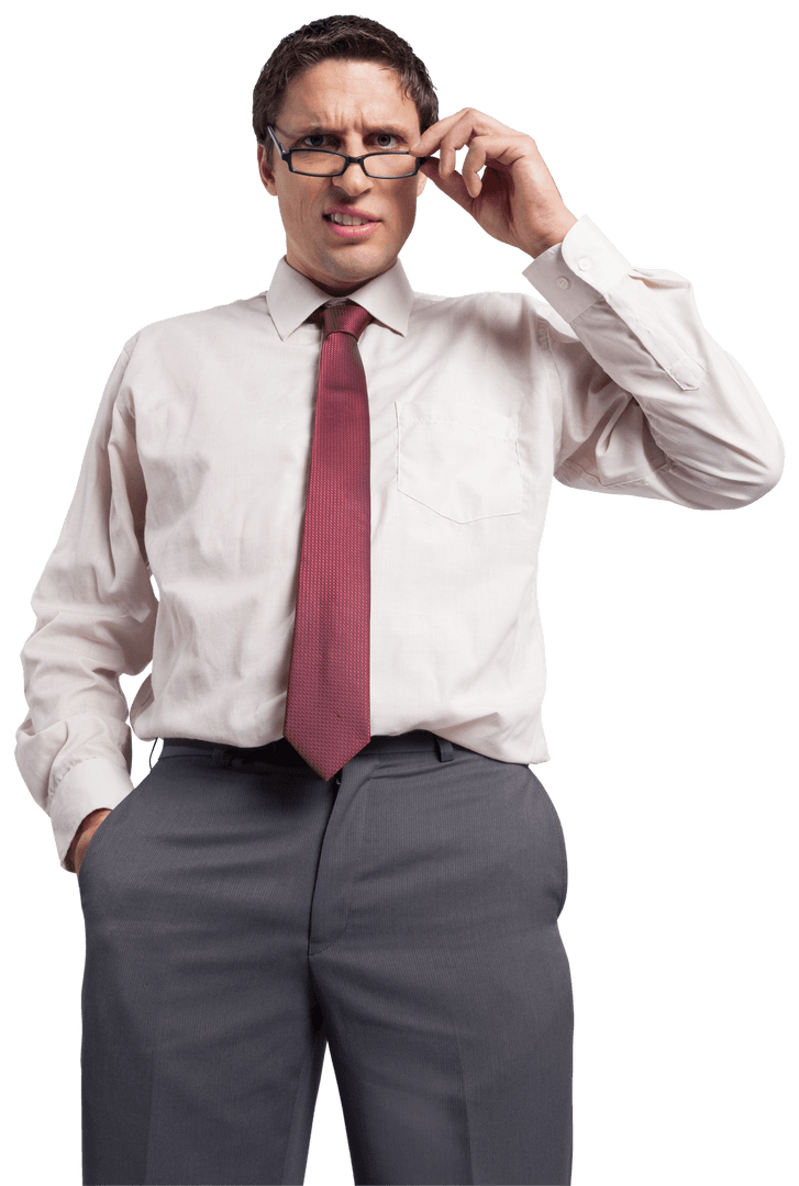Confident Businessman Adjusting Glasses with Transparent Background