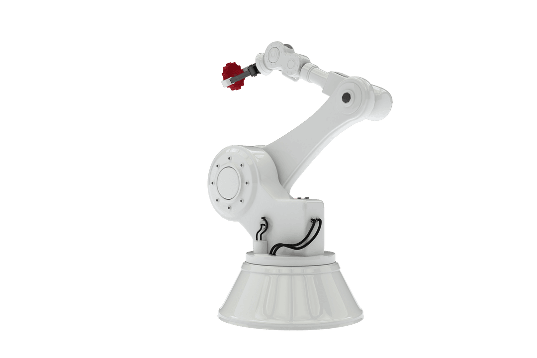 Digital Robot Arm Holding Red Gear on Transparent Background