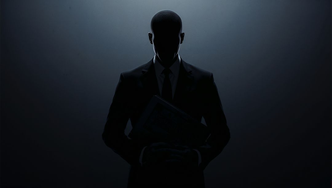 Mysterious Executive Silhouette Standing in Halo Backlight Holding Portfolio and Documents