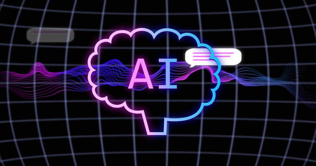 Neon AI Brain with Data Waves and Grid Pattern