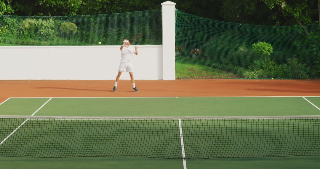 Player Jumping to Hit a Forehand Shot on Tennis Court - Free Images, Stock Photos and Pictures on Pikwizard.com