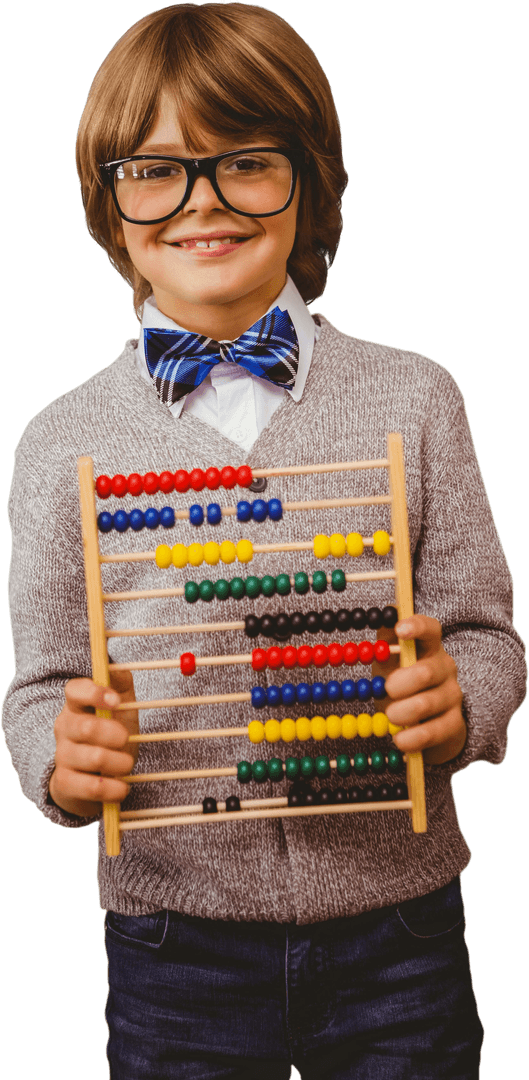 Happy Schoolboy with Abacus on Transparent Background