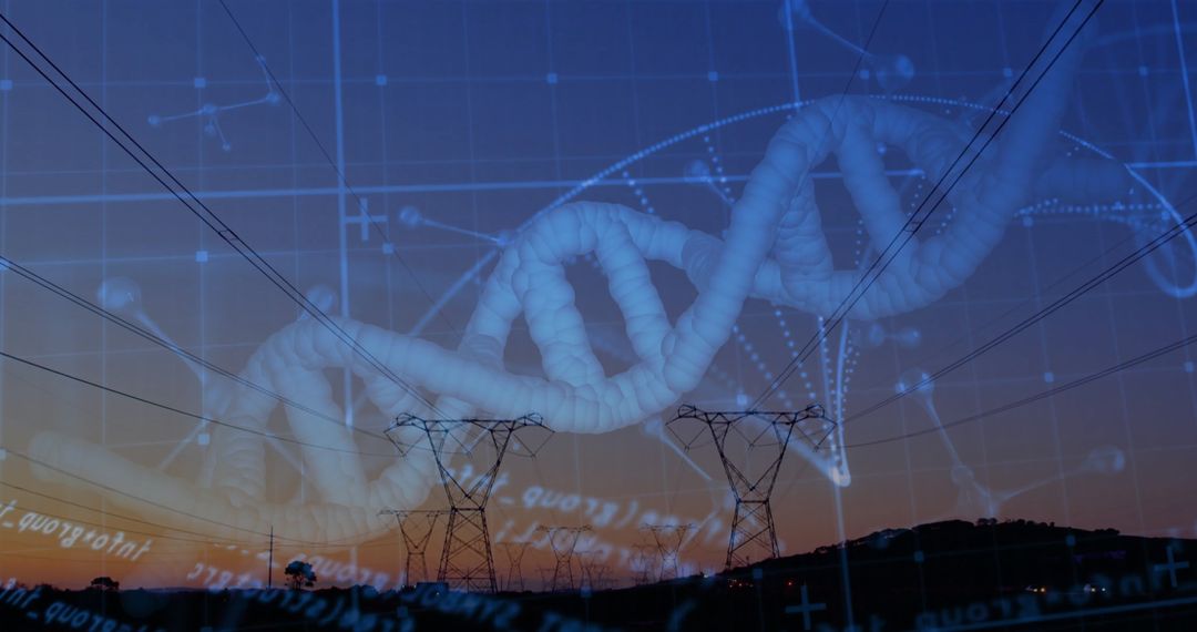 Futuristic DNA Helix Above Twilight Landscape and Power Lines