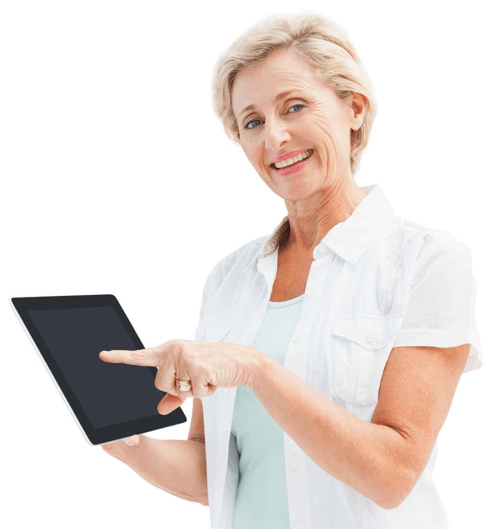 Smiling Elderly Woman Pointing at Transparent Tablet Device