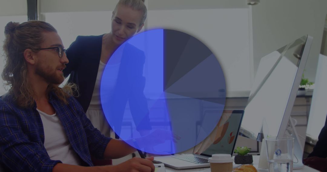 Coworkers Analyzing Data with Digital Pie Chart Overlay