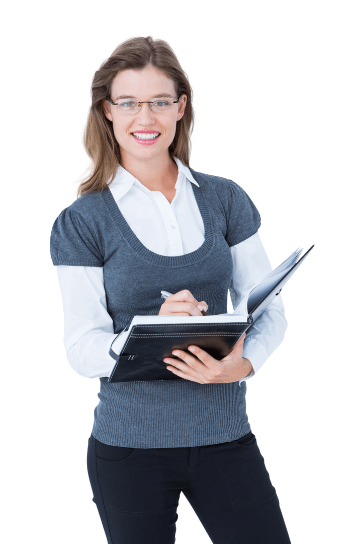 Transparent Professional Woman Writing Plans in Notebook