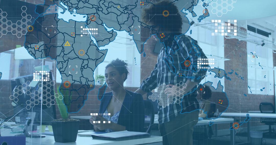Two Colleagues Collaborating with Digital Data World Map in Office