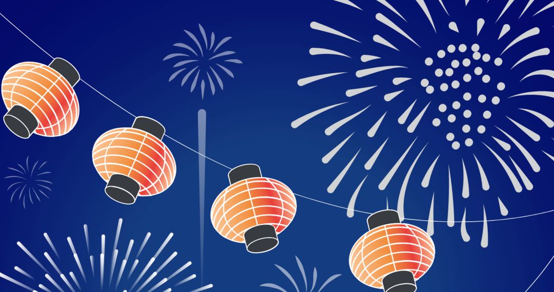 Chinese Lanterns and Fireworks on Blue Background Celebrating New Year - Free Images, Stock Photos and Pictures on Pikwizard.com