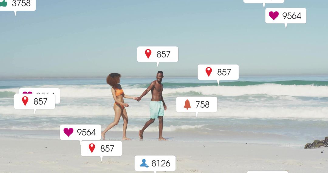 Couple Enjoying Beach Stroll with Social Media Engagement