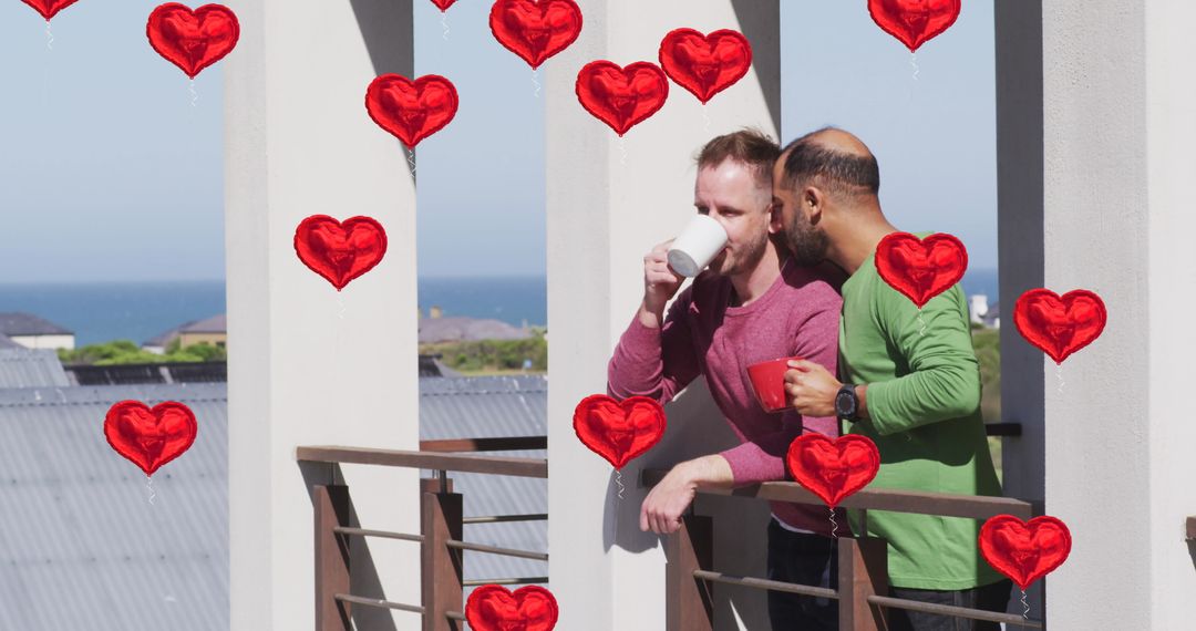 Diverse Couple Embracing While Drinking Coffee on Balcony