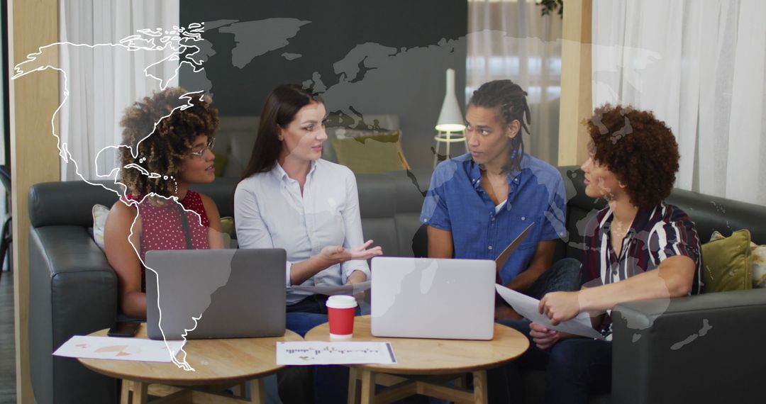 Business Team Discussing Global Strategy with Digital Overlay Graphics