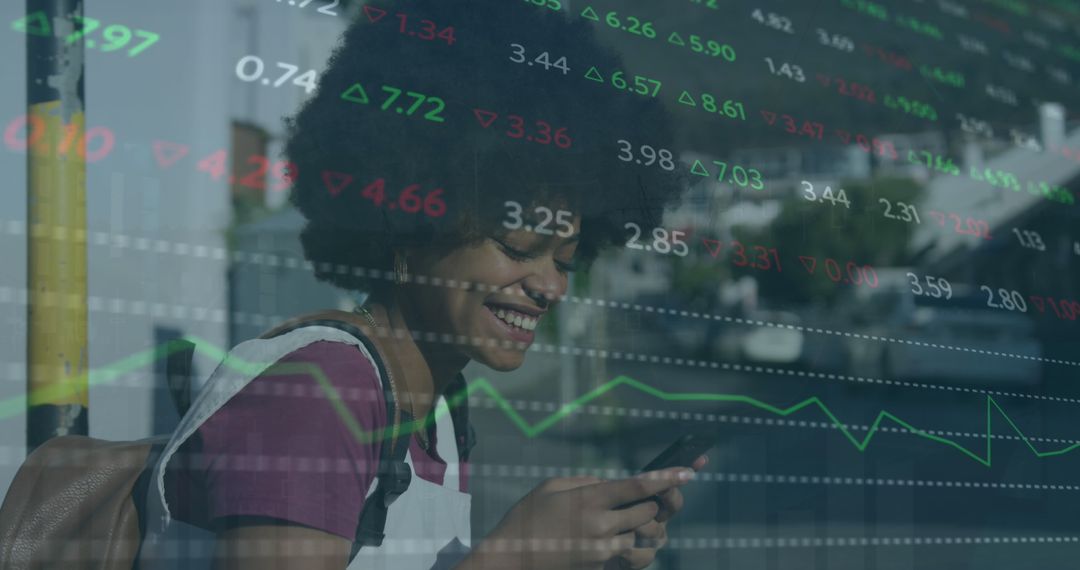 Smiling Woman Engaging with Stock Market Data via Smartphone