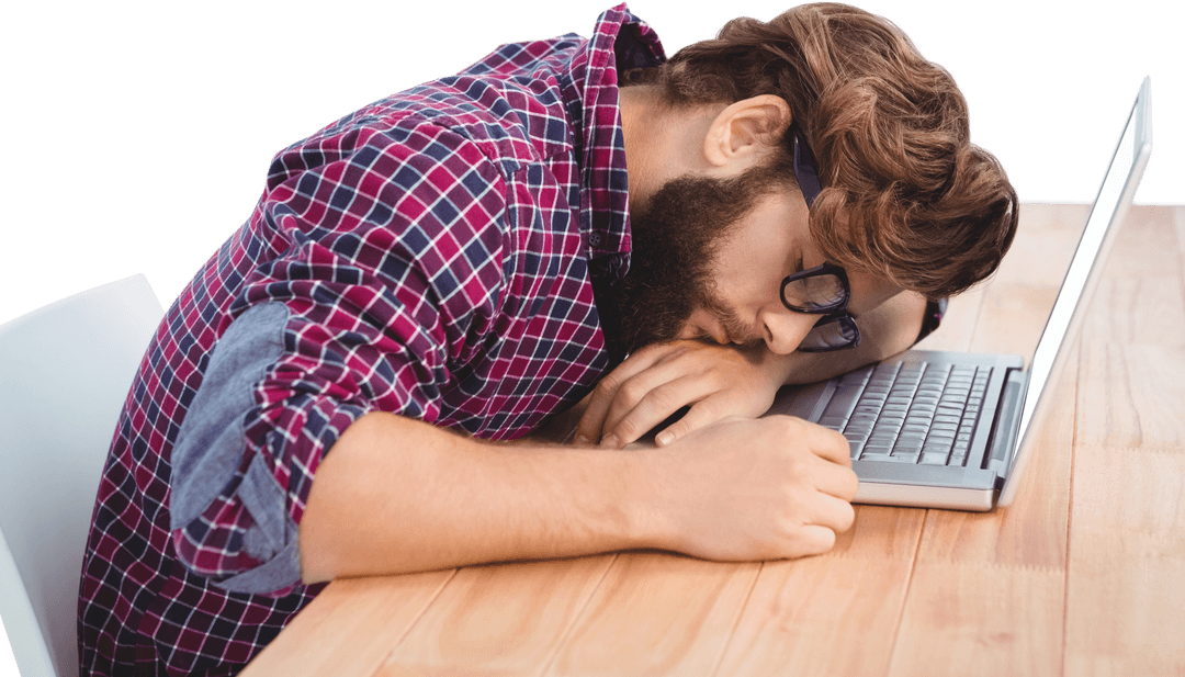 Young Bearded Man Sleeping at Office Desk with Laptop Transparent Image