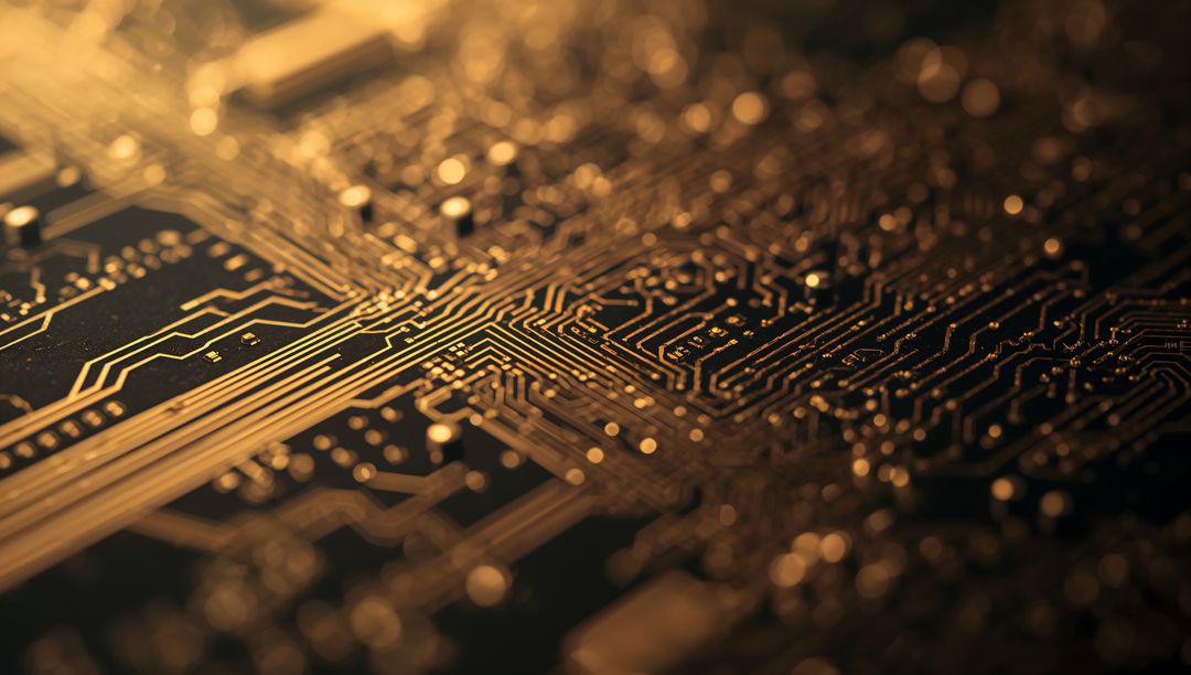 Golden PCB Circuit Traces Closeup Macro with Bokeh Highlights for Tech Backgrounds
