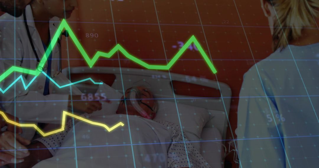 Healthcare Team Monitoring Critical Patient with Oxygen Mask and Data Overlay