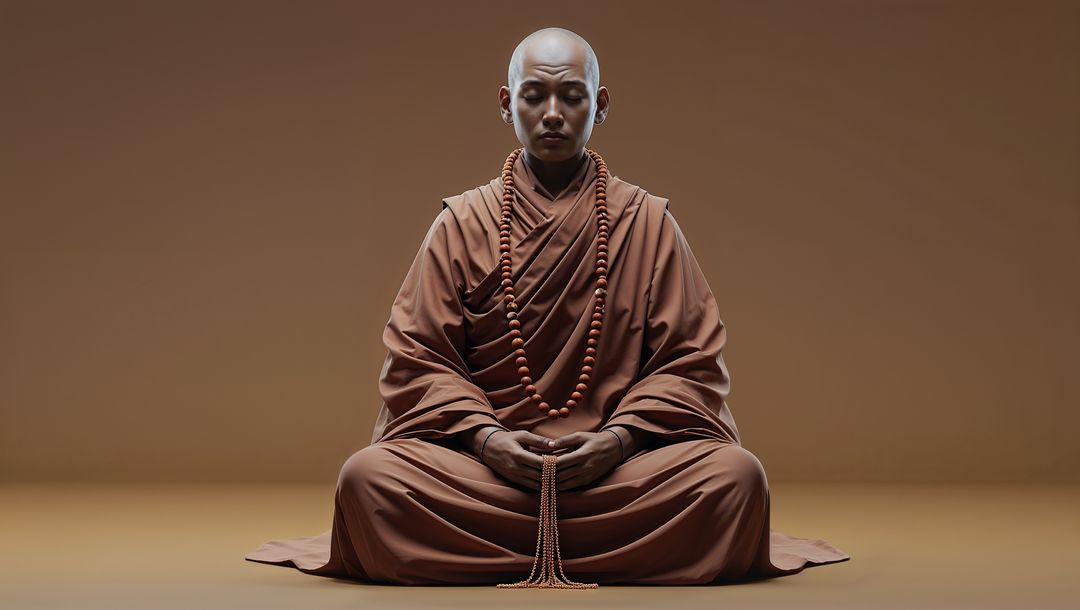 Serene Buddhist Monk Meditating in Isolated Space with Prayer Beads