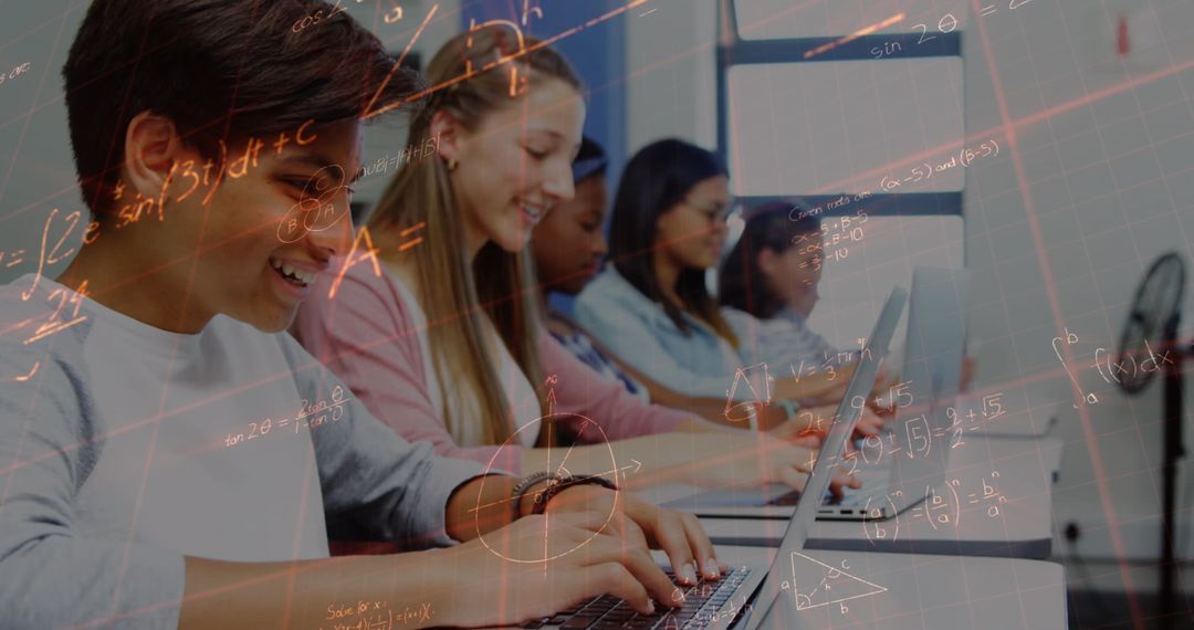 Students Engaged in Learning with Laptops Under Math Overlays