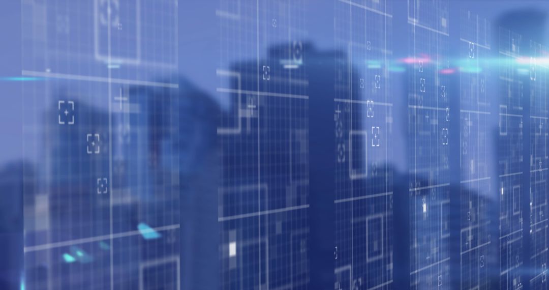 Futuristic Virtual Data Technology Interface in Urban Skyline