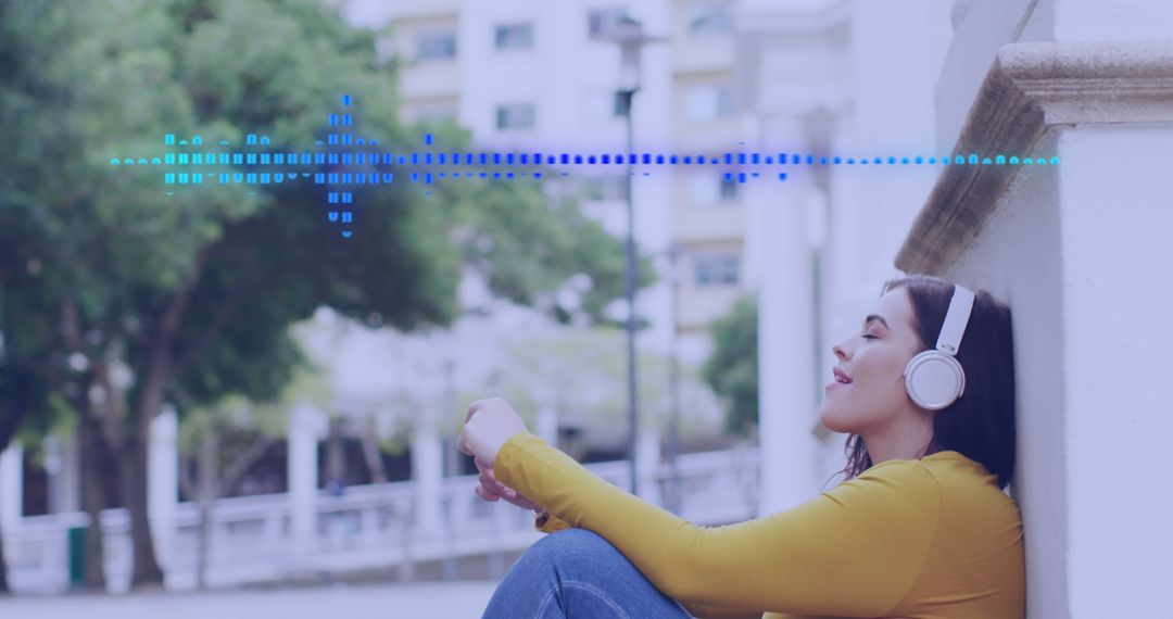 Caucasian Woman Enjoying Music with Modern Audio Visualization