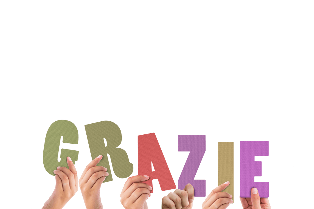 Colorful Hands Holding Up Transparent Letters Spelling Grazie