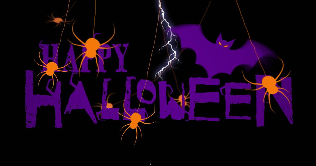 Bright Halloween Text with Spiders and Bat Silhouette on Dark Background