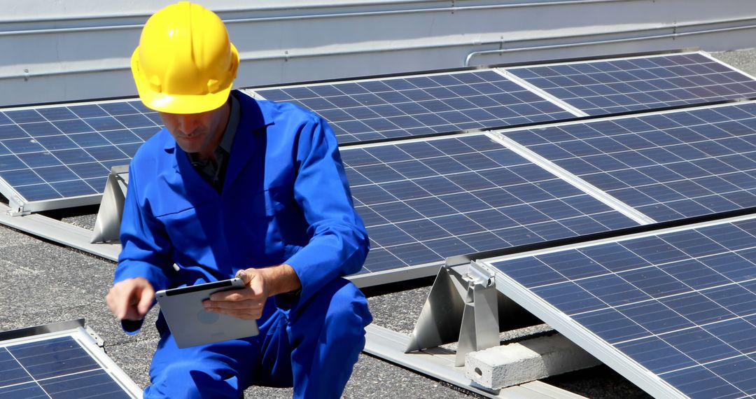 Engineer Inspecting Solar Panels with Digital Tablet - Free Images, Stock Photos and Pictures on Pikwizard.com