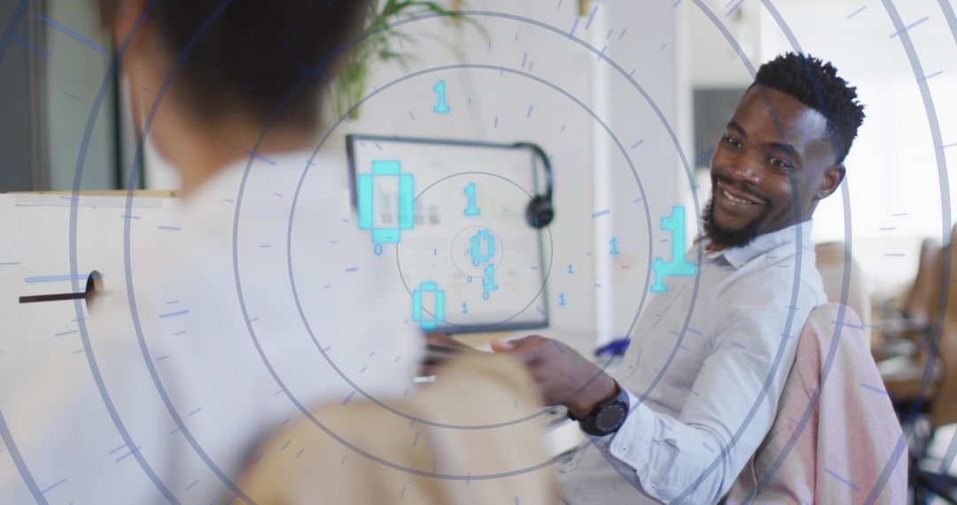 Coworkers Discuss Interactive Blue Data Overlay