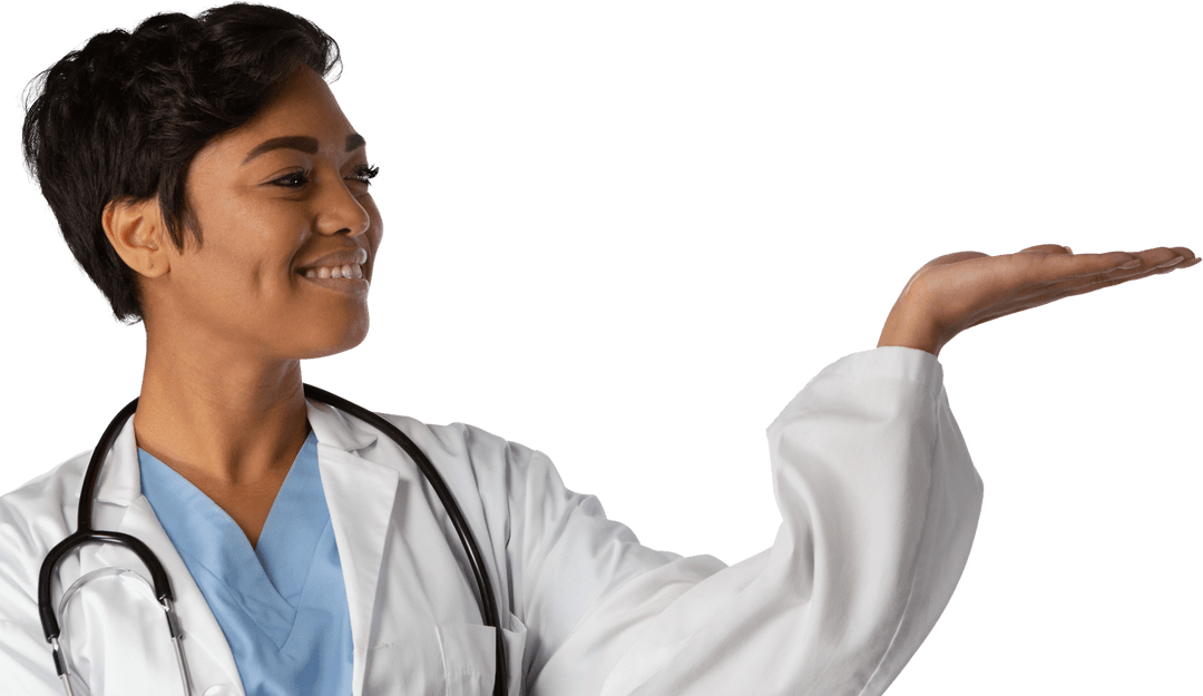 Smiling Doctor Holding Transparent Copy Space with Confidence
