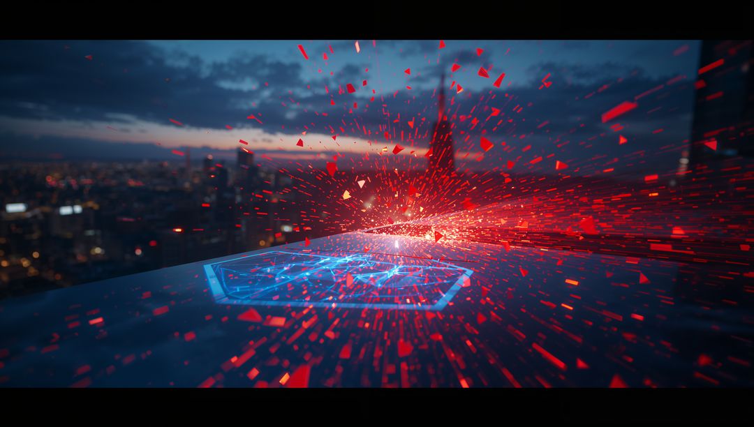 Projecting Hexagonal Hologram Emitting Red Shards across City Rooftop at Dusk