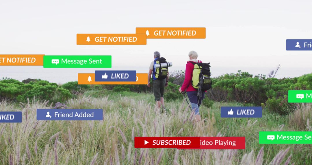 Senior Hikers Trekking with Digital Notifications Overlaid