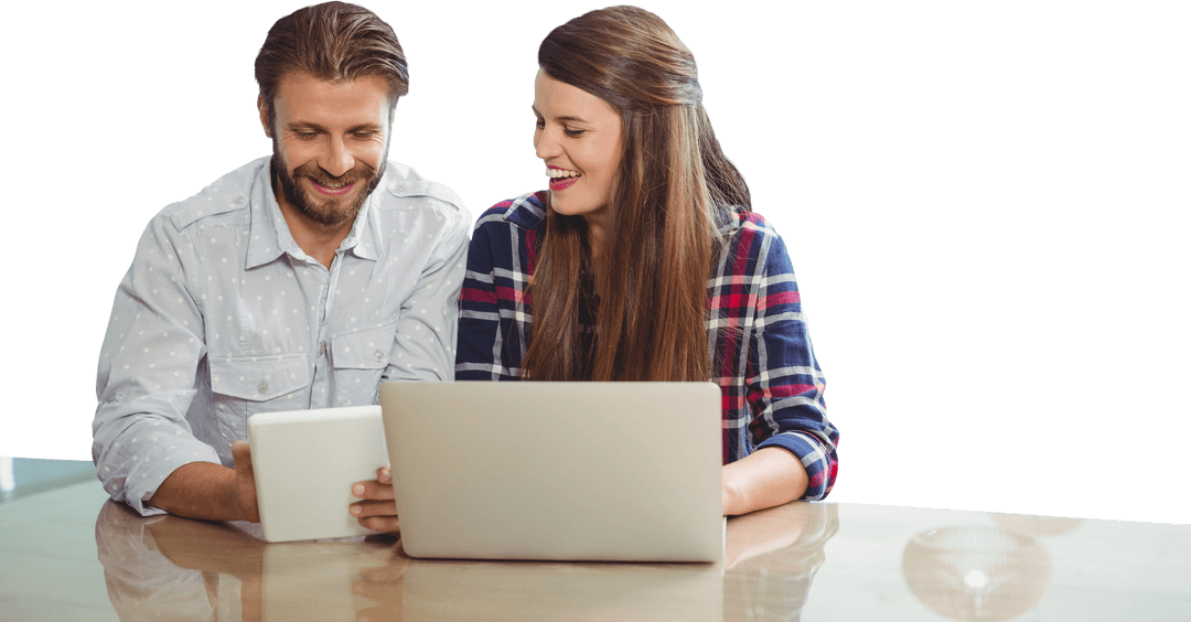 Caucasian Couple Using Tablet and Laptop on Transparent Background