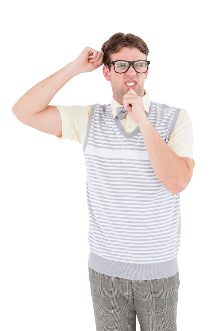 Transparent Puzzled Hipster in Striped Shirt Experiencing Confusion