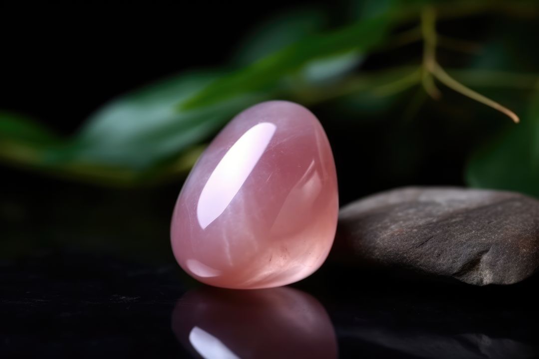 Shiny Pink Crystal on Dark Background with Green Leaves - Free Images, Stock Photos and Pictures on Pikwizard.com