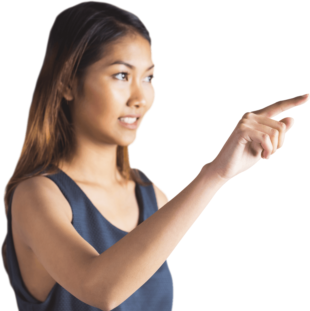 Asian Woman Pointing Finger on Transparent Background