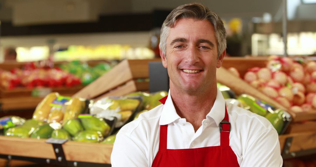 Male Grocery Store Worker Smiling in Produce Aisle - Free Images, Stock Photos and Pictures on Pikwizard.com