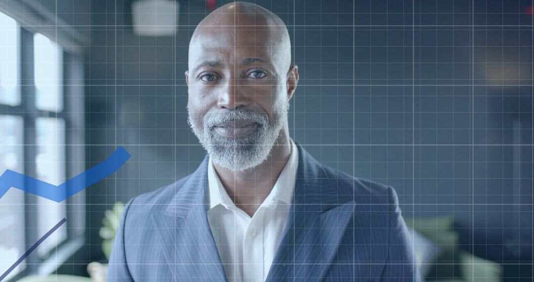 Confident Businessman Surrounded by Financial Data Analytics Overlay