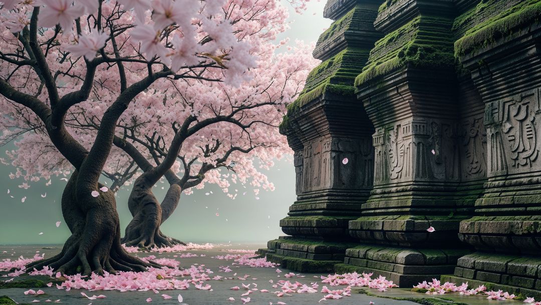 Mystical Cherry Blossoms in Ancient Temple Courtyard