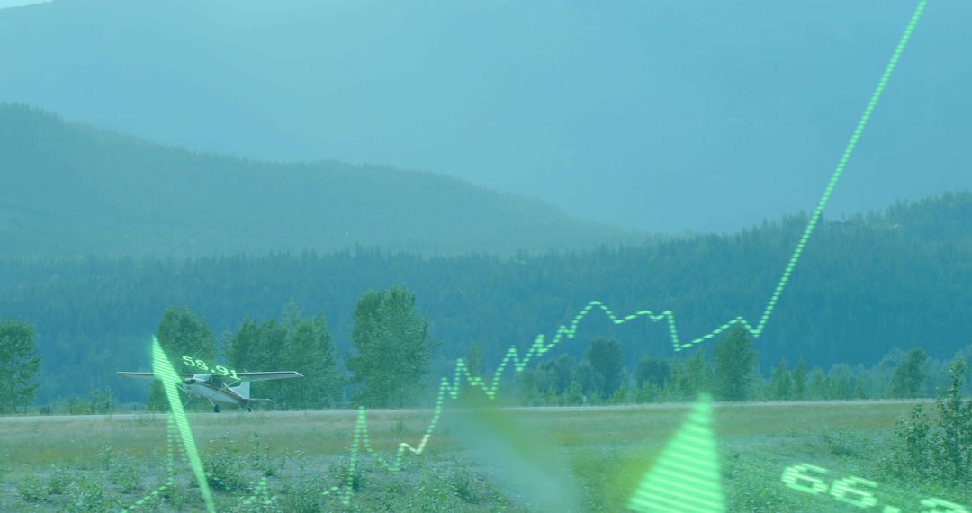 Single-Engine Plane on Grass Runway with Digital Overlays