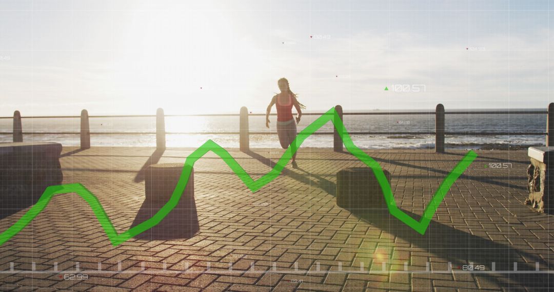 Fit Woman Running with Graphic Overlay on Waterfront Promenade