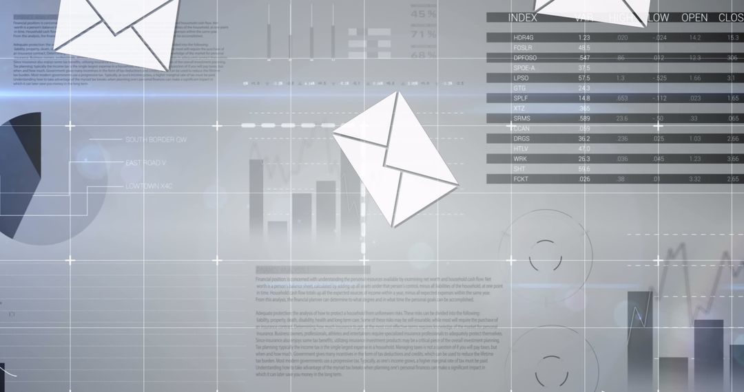 Email Icons Overlaying Financial Charts and Data