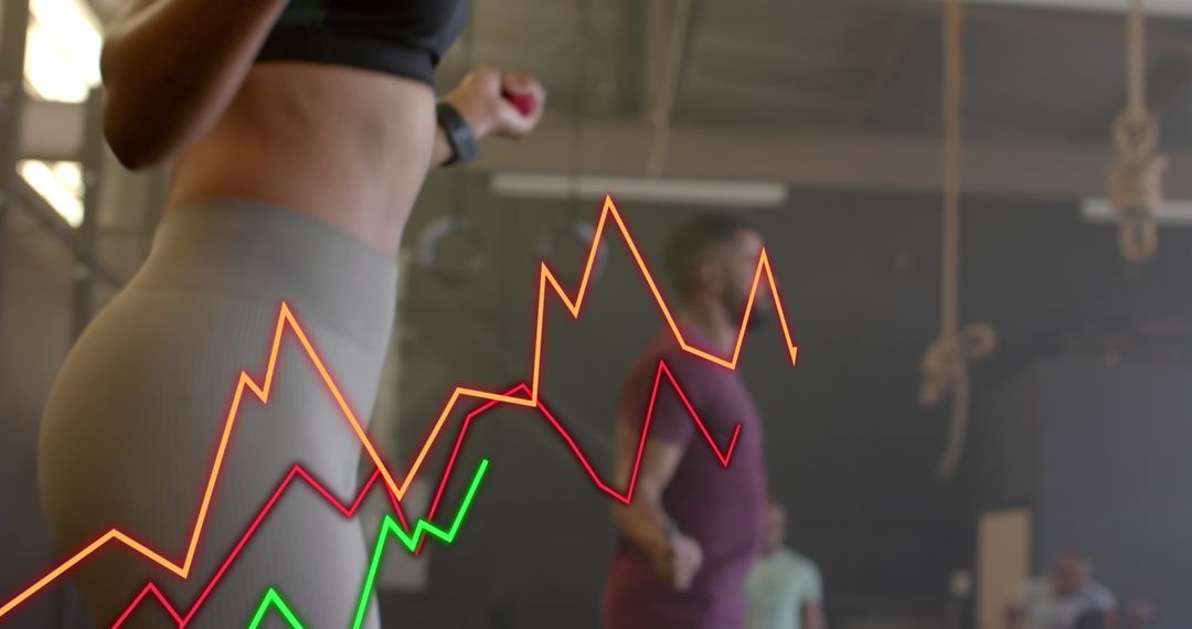 Digital Fitness Metrics Overlaid on People Exercising at Gym