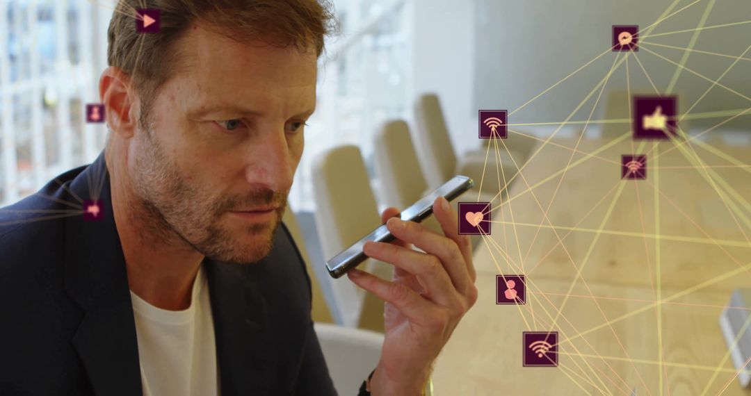 Businessman Utilizing Phone Speaker with Digital Connectivity Overlay