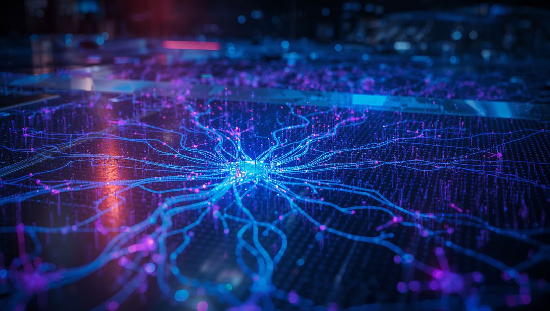 Futuristic Digital Network Hub with Radiant Neon Branches