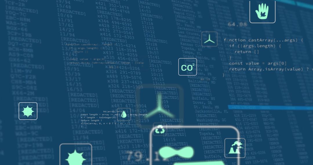 Code Interface with Neon Icons Highlighting Sustainability and Innovation