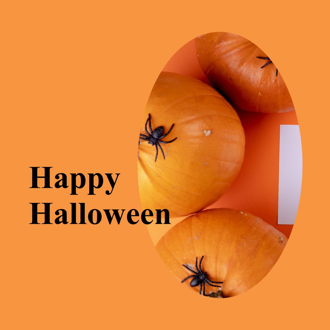 Happy Halloween Text with Pumpkins and Spiders on Orange Background - Download Free Stock Templates Pikwizard.com